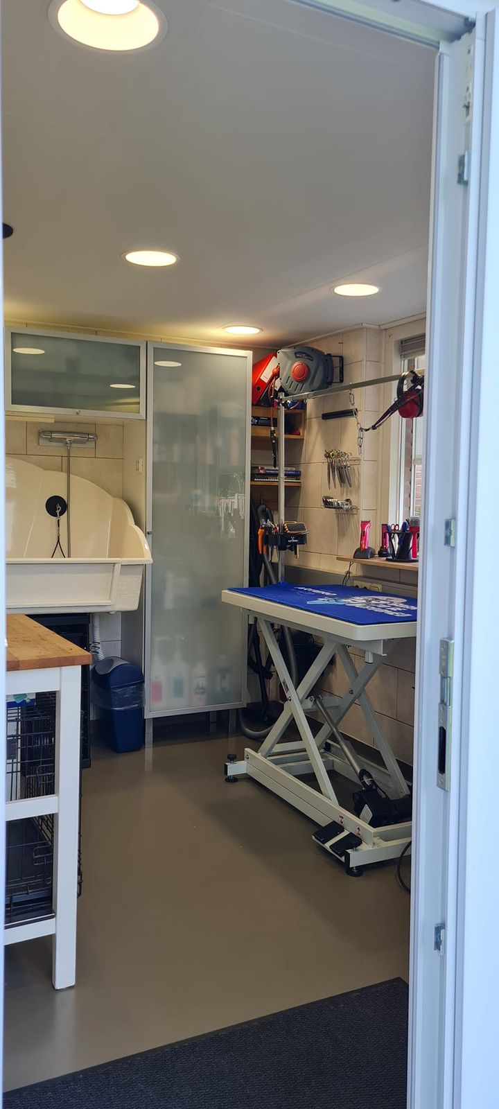 Door de open deur kijk je de salon in: badkuip en trimtafel